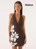 Agneta Halter Linen Mini Dress - Chocolate Tropic Floral - Mini Dresses