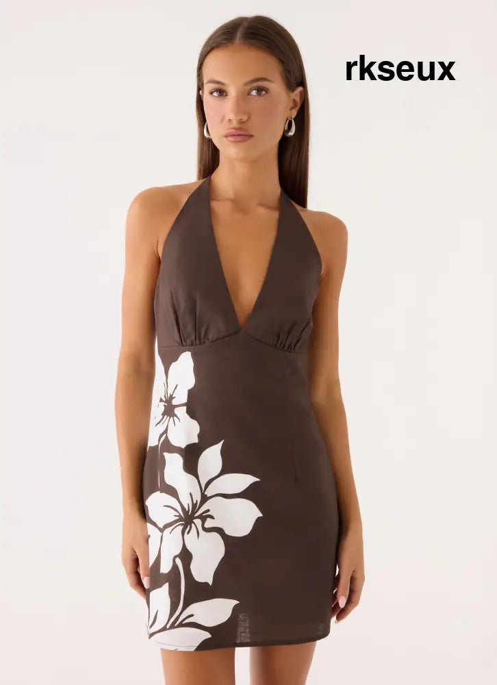 Agneta Halter Linen Mini Dress - Chocolate Tropic Floral - Mini Dresses
