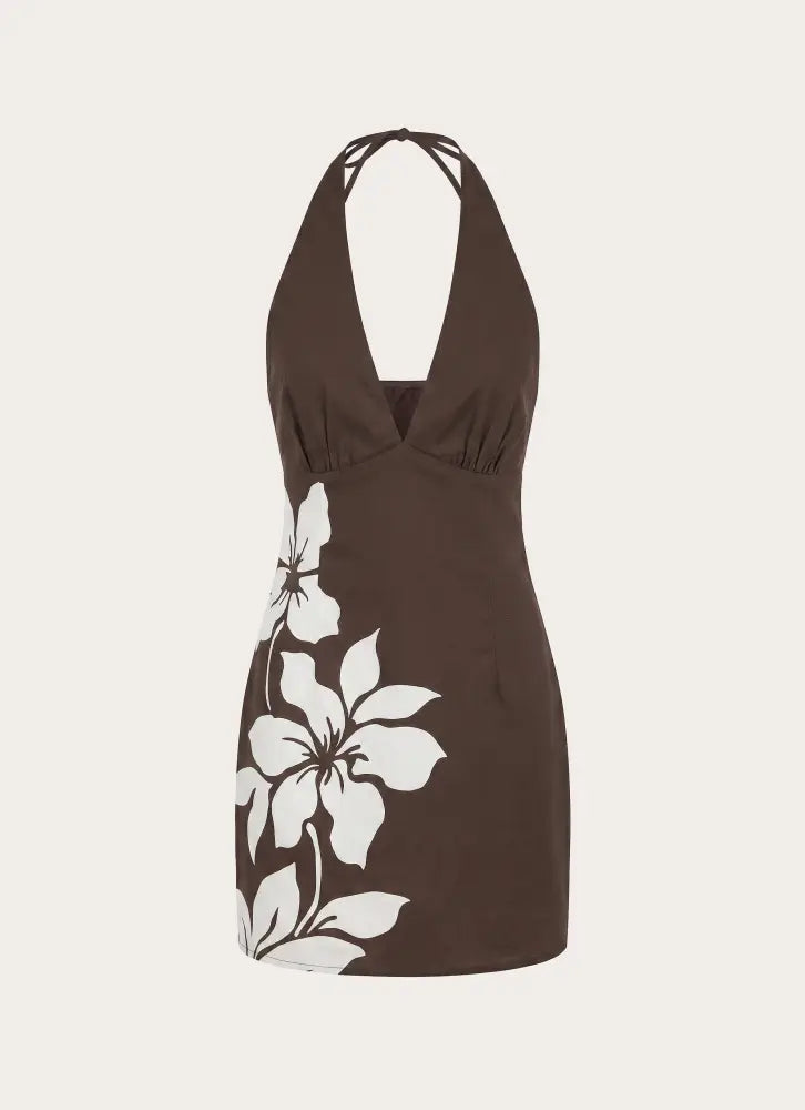Agneta Halter Linen Mini Dress - Chocolate Tropic Floral - Mini Dresses