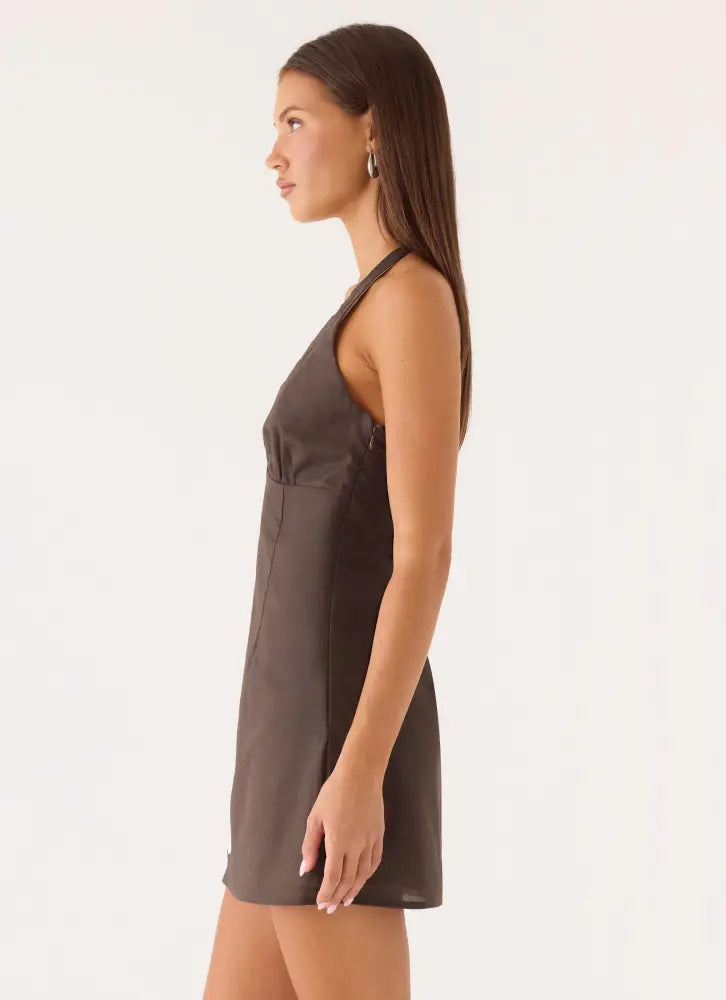Agneta Halter Linen Mini Dress - Chocolate Tropic Floral - Mini Dresses