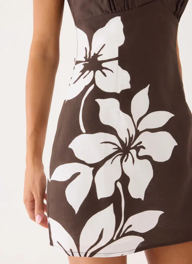 Agneta Halter Linen Mini Dress - Chocolate Tropic Floral - Mini Dresses