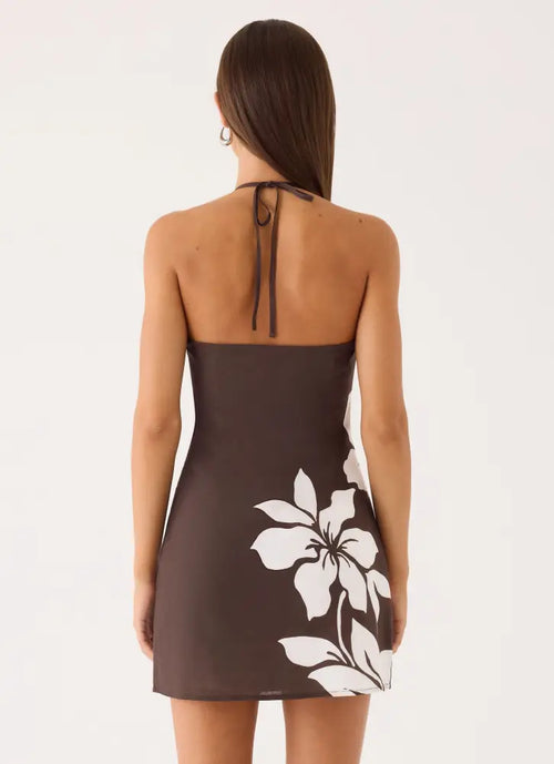 Agneta Halter Linen Mini Dress - Chocolate Tropic Floral - Mini Dresses