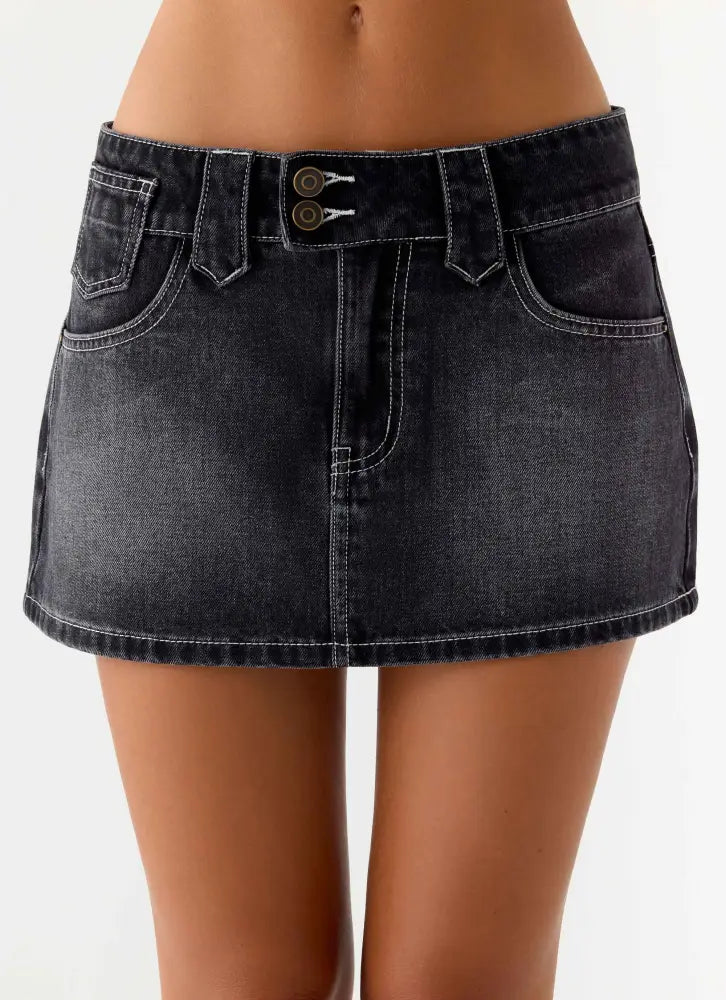 Nathan Super Low Rise Denim Mini Skirt - Washed Black - Denim Mini Skirts