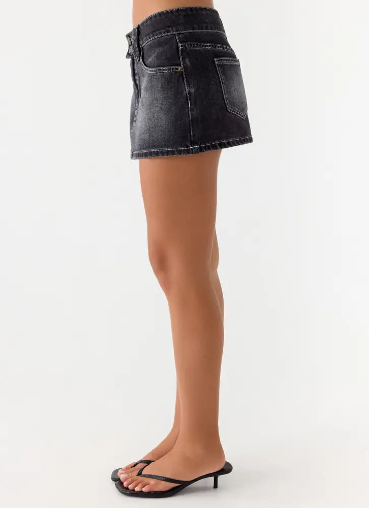 Nathan Super Low Rise Denim Mini Skirt - Washed Black - Denim Mini Skirts