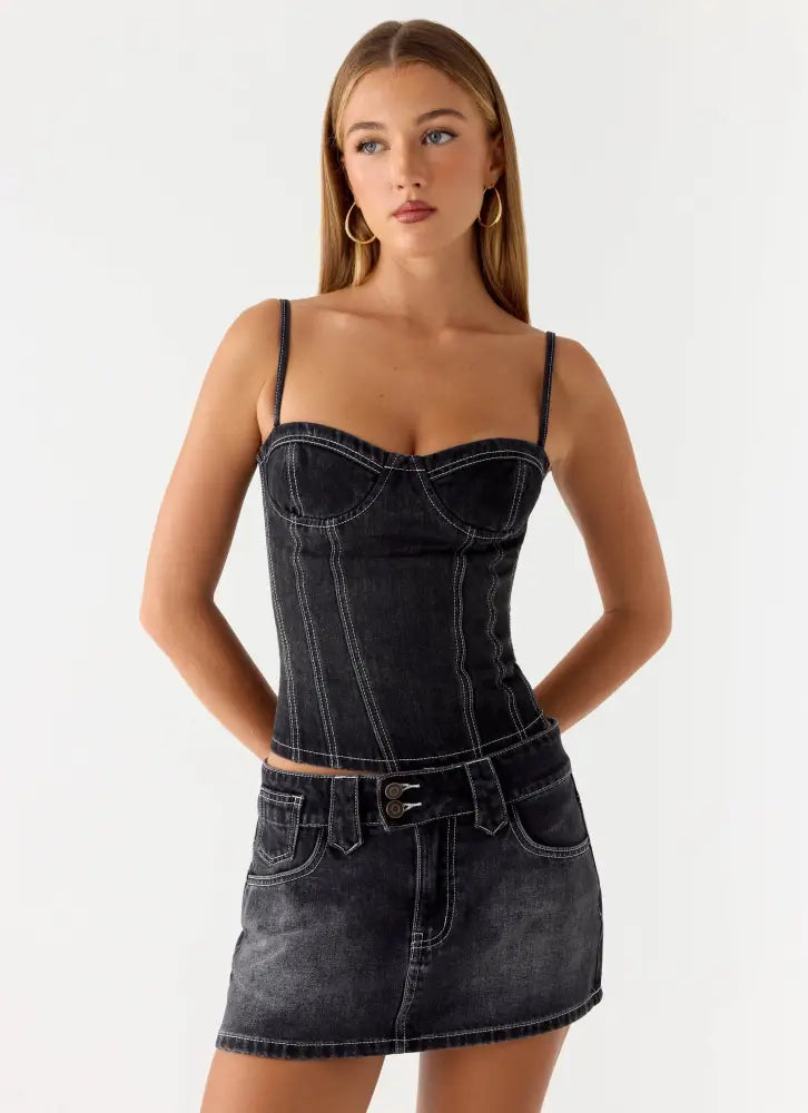 Nathan Super Low Rise Denim Mini Skirt - Washed Black - Denim Mini Skirts