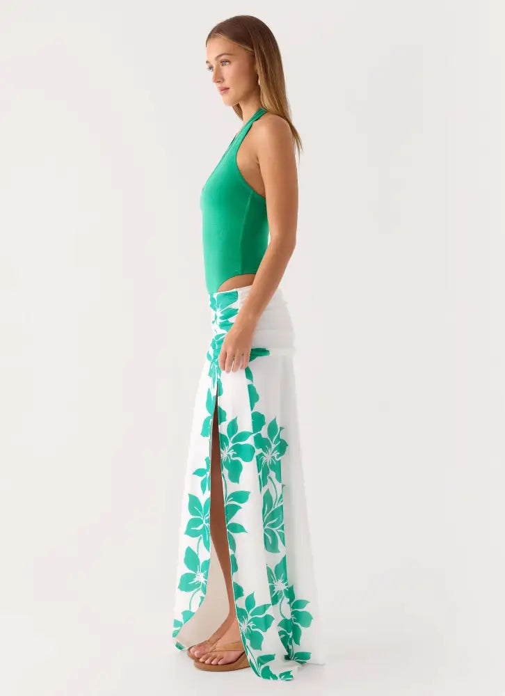 Sarinda Maxi Dress - Green White Tropic Floral Print - Maxi Dresses