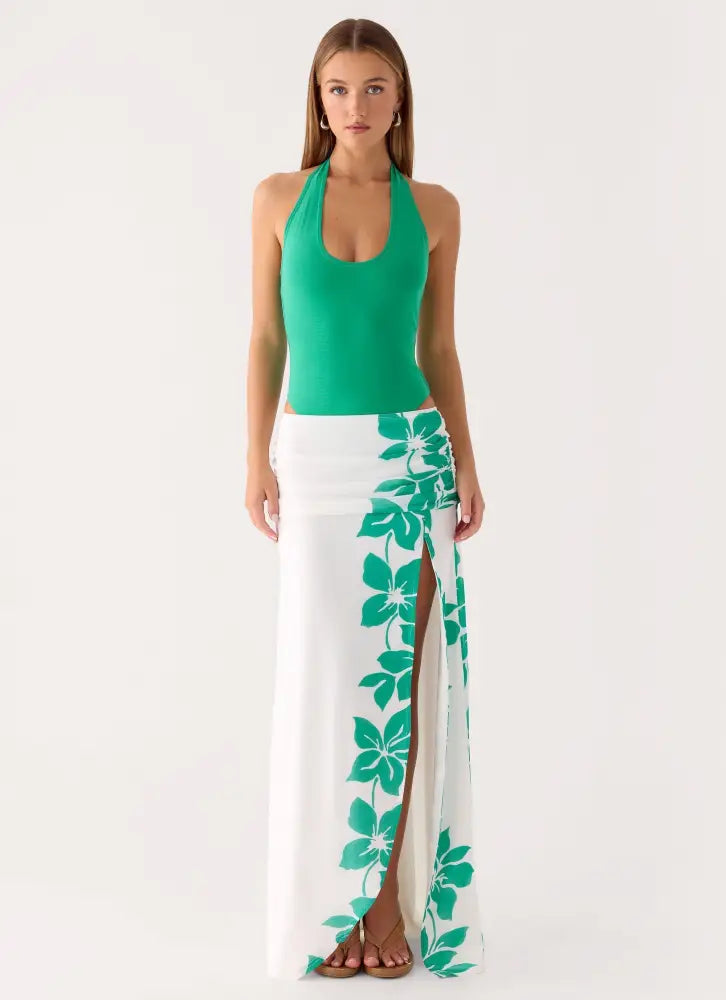 Sarinda Maxi Dress - Green White Tropic Floral Print - Maxi Dresses